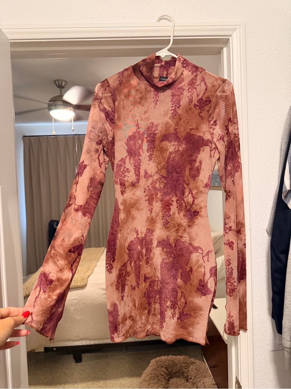 Blanc Clothing Floral Mesh Mock Neck Mini Dress Pink Size M